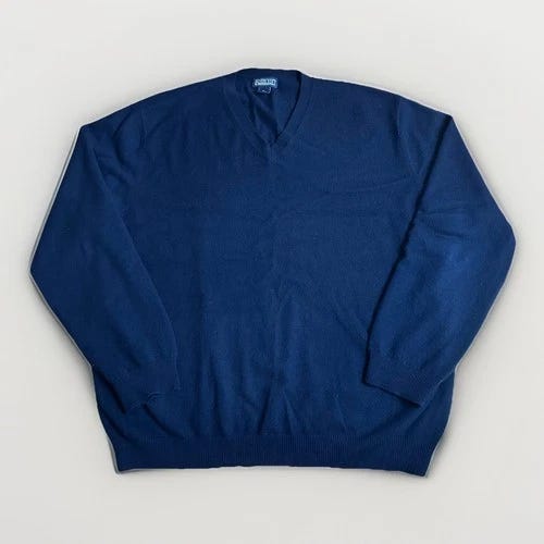 Vintage Lands End Cashmere Sweater Mens XL Navy Blue V-Neck Luxury Holiday - Picture 1 of 9