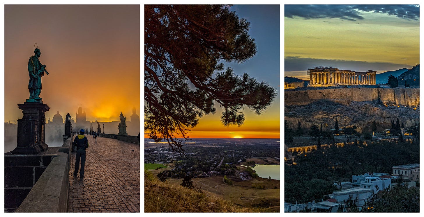 From left to right: a misty Charles Bridge with the eastern sky a lovely orange, a pine tree overlooking the plains of Colorado as the sun comes up, the Acropolis seen from several kilometers away as the sun comes up behind it. 