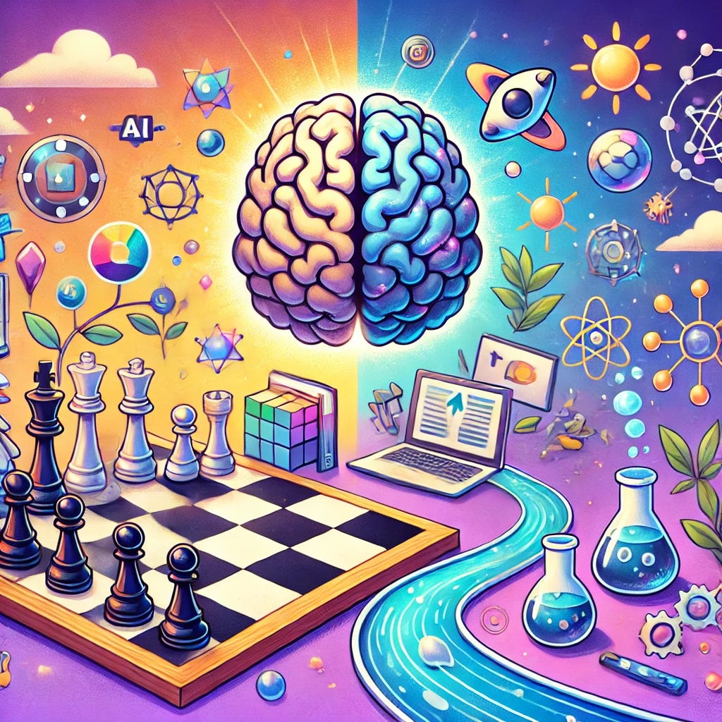 A cartoon-style illustration depicting the essence of bold decision-making and product strategy. Show a chessboard transitioning into a whimsical futuristic landscape, with vibrant elements like an AI-inspired glowing brain symbolizing innovation, interconnected pathways representing ecosystems, and fun, animated icons like storytelling books, collaboration tools, and experiments bubbling in flasks. Use a bright, cheerful color palette with blues, purples, and silvers, and add a playful, approachable vibe.
