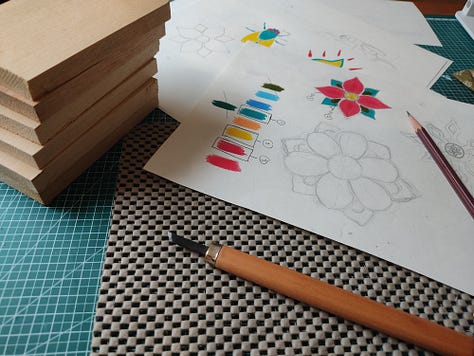 A few frames from the process of making wood block prints