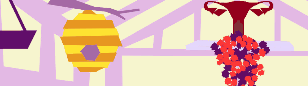 Gif da Selanìa: apina che esce dall'alveare per andare verso un cespuglio fiorito