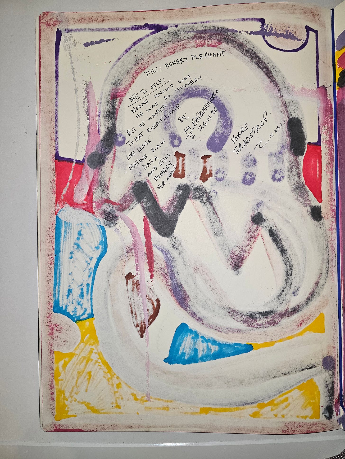 **Alt Text:** Faded abstract forms with handwritten notes discussing hunger, data consumption, and artificial intelligence. **Alt Text:** Faded abstract forms with handwritten notes discussing hunger, data consumption, and artificial intelligence.