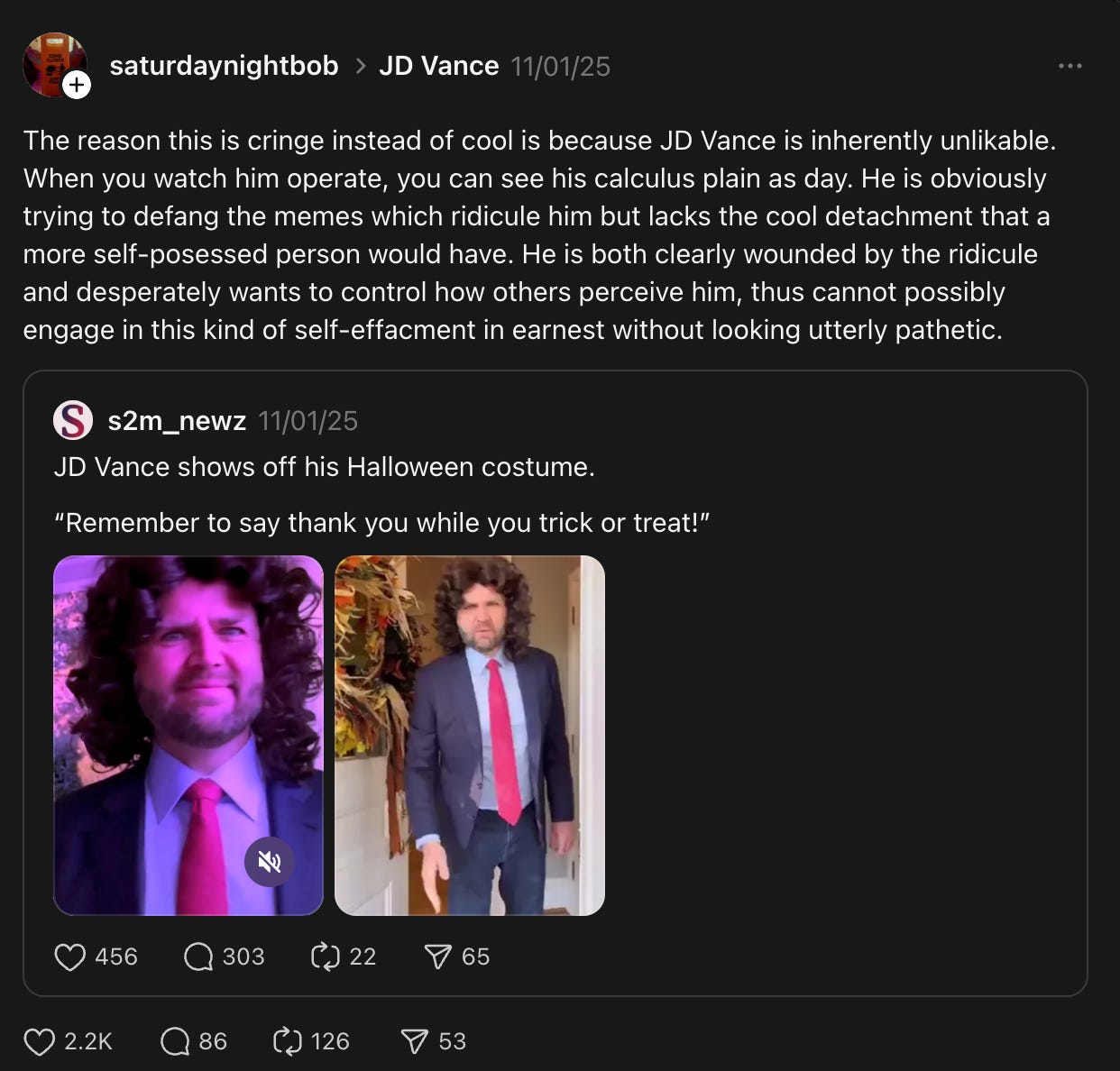 screengrab from threads with extended text explaining that JD Vance is cringe instead of cool because he is too calculated in his response to memes.