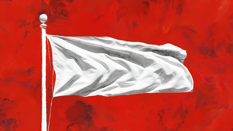 A white flag of surrender waving on a red sky.