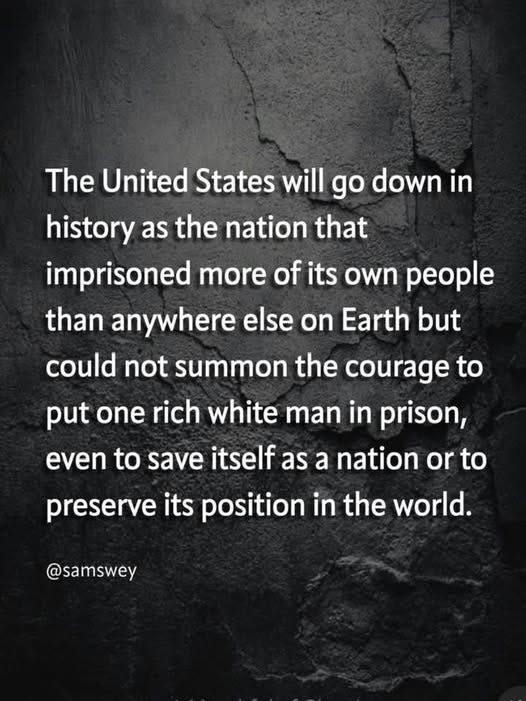 May be an image of map and text that says 'The United States will go down in history as the nation that imprisoned more more of its own people than anywhere else on Earth but could not summon the courage to put one rich white man in prison, even to save itself as a nation or to preserve its position in the world. @samswey'