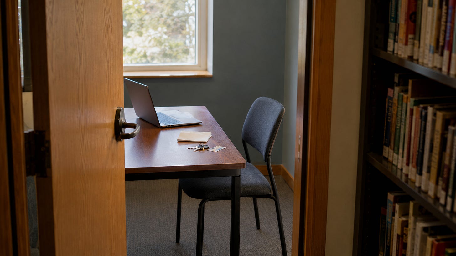 Apartment keys, a plain library card and a laptop rest on a desk inside an empty private room at a public library, representing housing, digital access and continuing support. Apartment keys, a plain library card and a laptop rest on a desk inside an empty private room at a public library, representing housing, digital access and continuing support.