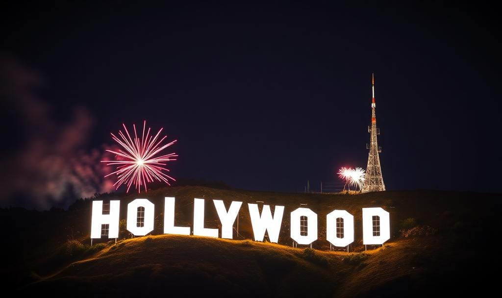 hollywood sign at night with fireworks