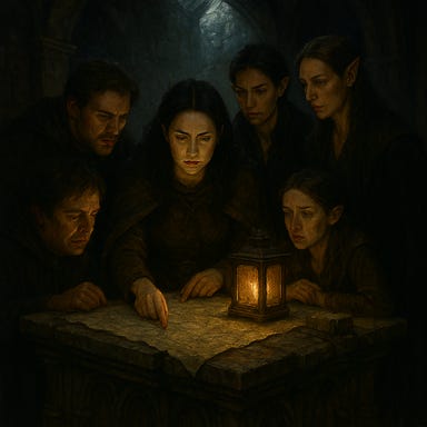 Party gathered at broken altar reading map with visual palettes: Fleetwood resembling Richard Armitage, Clarion resembling Gwendoline Christie with black hair, Felonious resembling Ben Whishaw, Silverleaf resembling Tatyana Maslany with elven features, Arabelle resembling Cailee Spaeny
