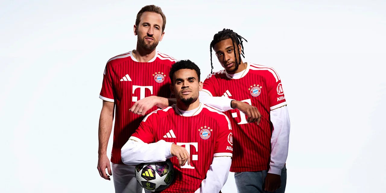 Harry Kane, Luis Díaz, Michael Olise in FC Bayern's red home shirt for the 2026/27 season