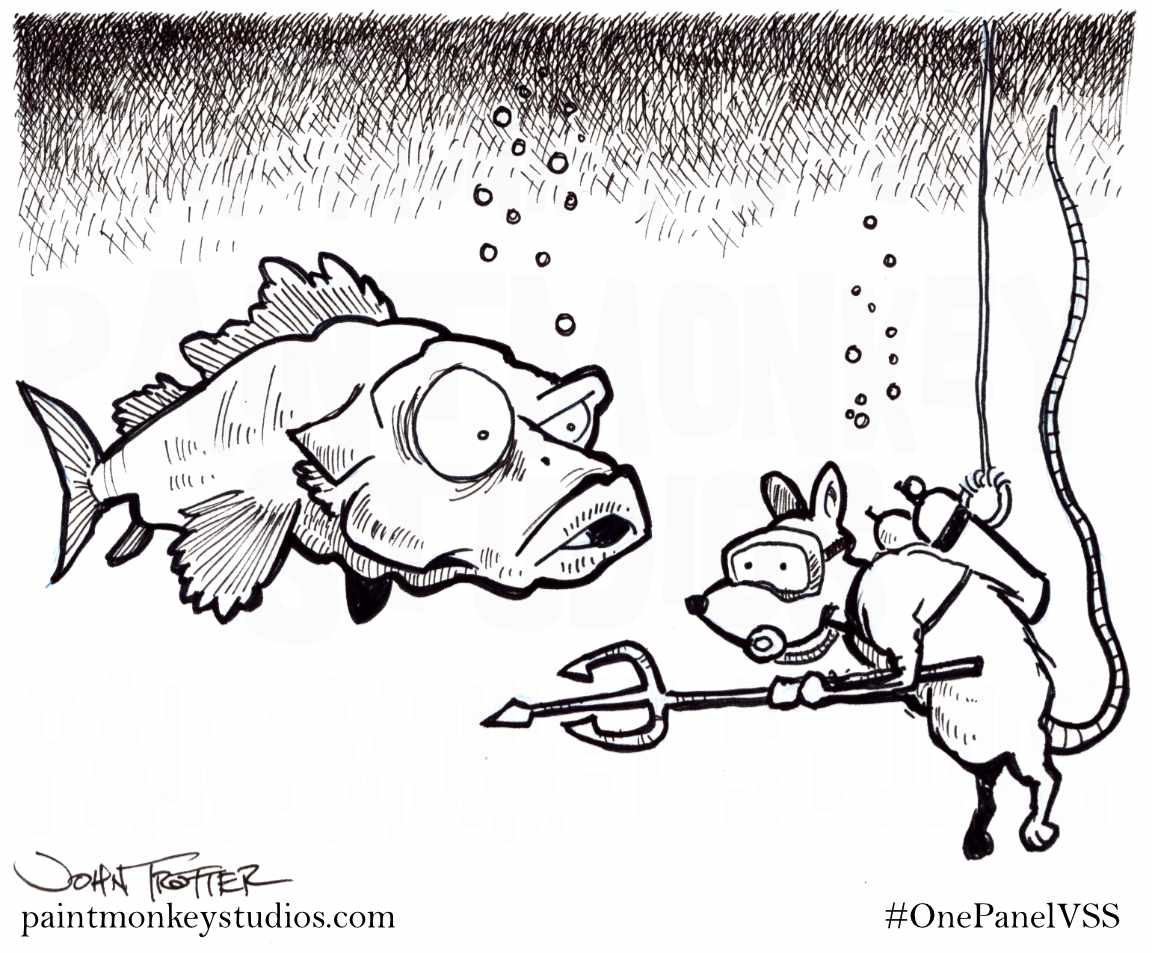 Ink drawing of a fish confusedly looking a mouse in scuba gear swimming with a trident.