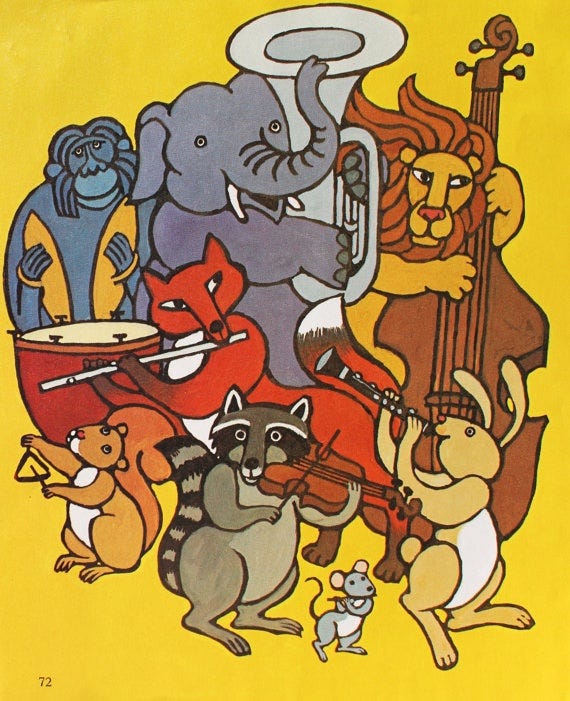 This may contain: an image of animals playing musical instruments