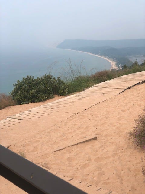 A wooden path on a hill with a body of water in the background

AI-generated content may be incorrect.