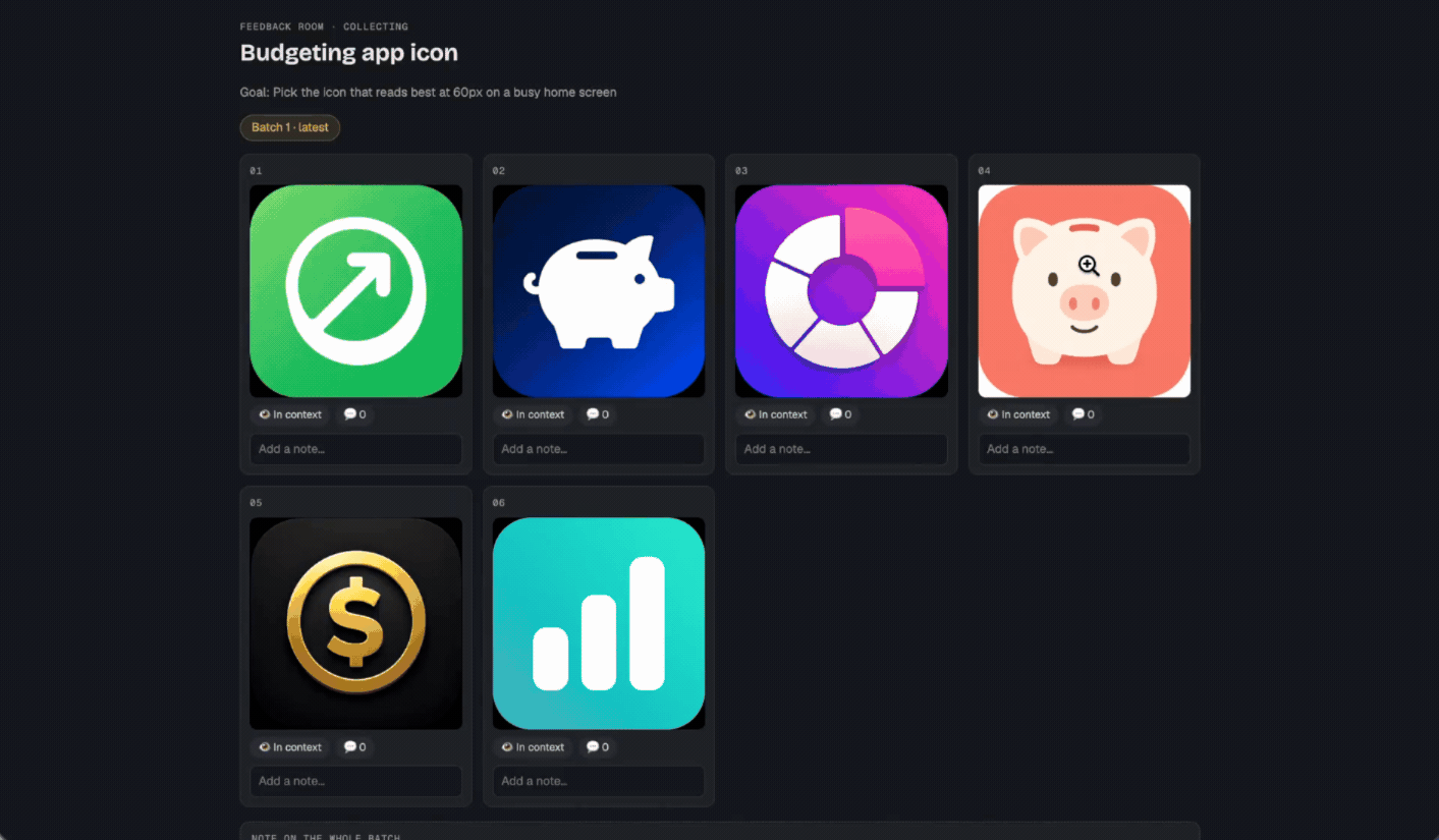 GIF showing a budgeting app icon switching from the bare image to an iOS home-screen mockup inside the Creative Feedback Loop.