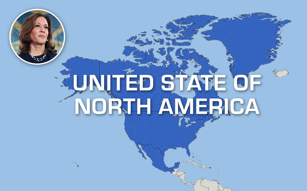 Map of North America labeled “United State of North America,” with a portrait of Kamala Harris in the upper corner. Map of North America labeled “United State of North America,” with a portrait of Kamala Harris in the upper corner.