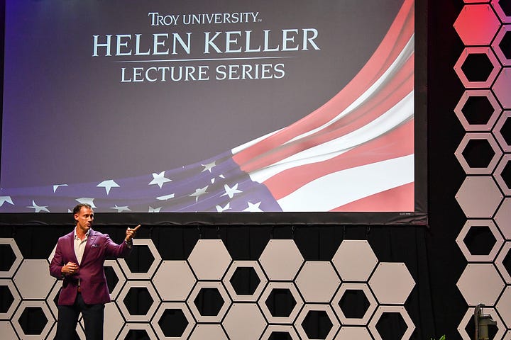 Joey Jones, a Fox New contributor and wounded combat veteran, was the speaker for the annual Helen Keller Lecture Series on Tuesday. (PHOTOS/Clif Lusk & Savanah Weed)