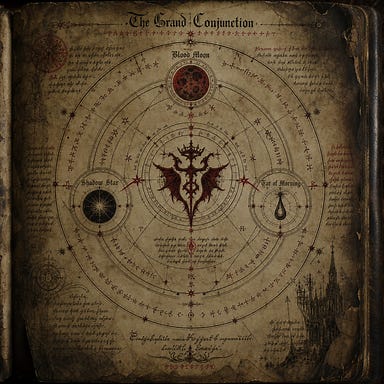 ancient vellum diagram of Strahd’s Grand Conjunction as it would appear in the Tome of Strahd, gothic celestial geometry, concentric circles, blood‑ink sigils, archaic Barovian script, dark prophetic markings