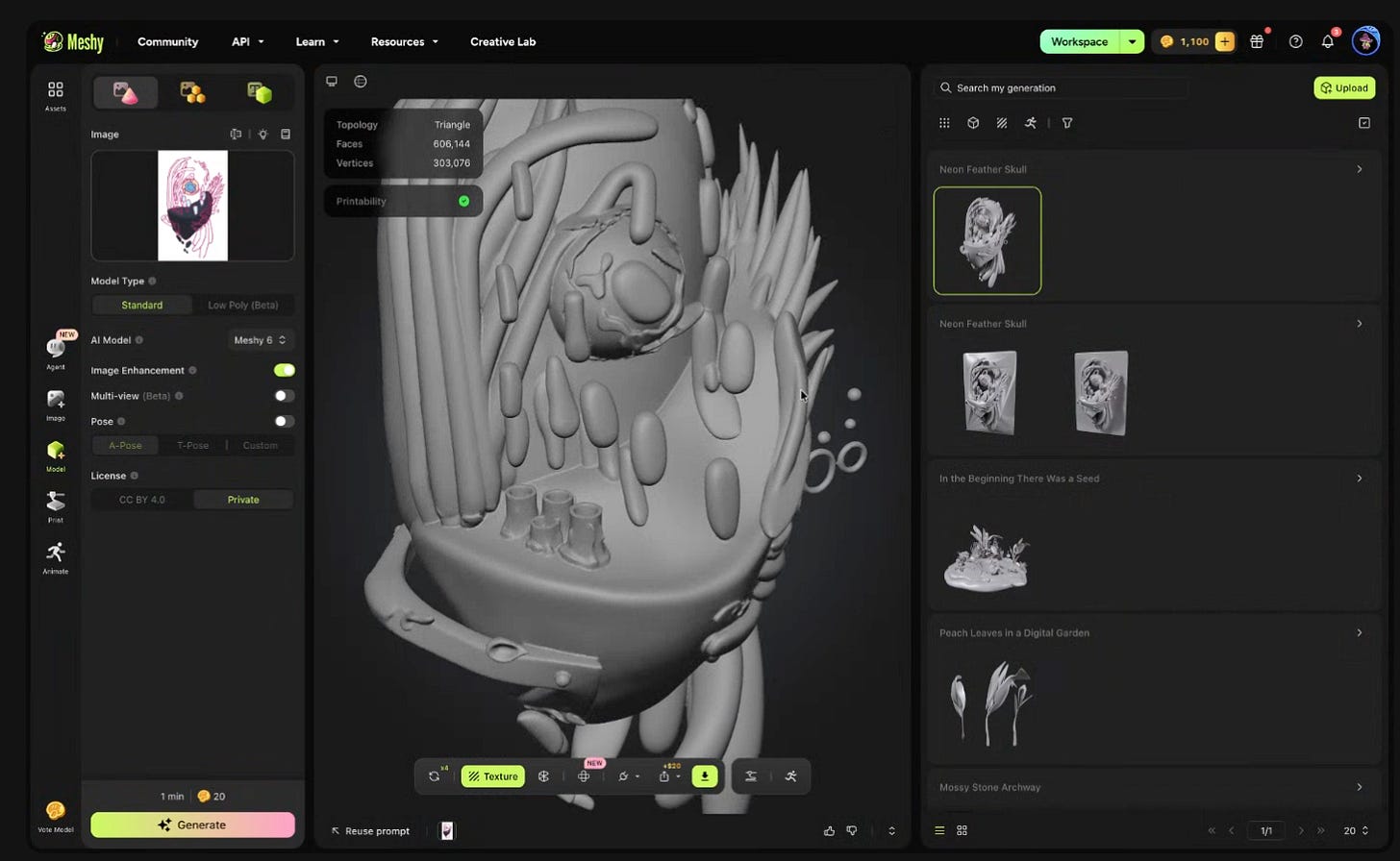 Screenshot of the Meshy AI interface showing Binna Lee's 3D model workflow. On the left, a colorful sketch thumbnail sits above generation settings including AI Model (Meshy 6) and a "Generate" button. In the center, the resulting 3D model: a stylized figure with cascading tendrils and mushroom-like elements at the base, with model stats showing 606,144 faces and 303,076 vertices. On the right, a gallery of Binna's past Meshy generations, including "Neon Feather Skull" and "In the Beginning There Was a Seed."