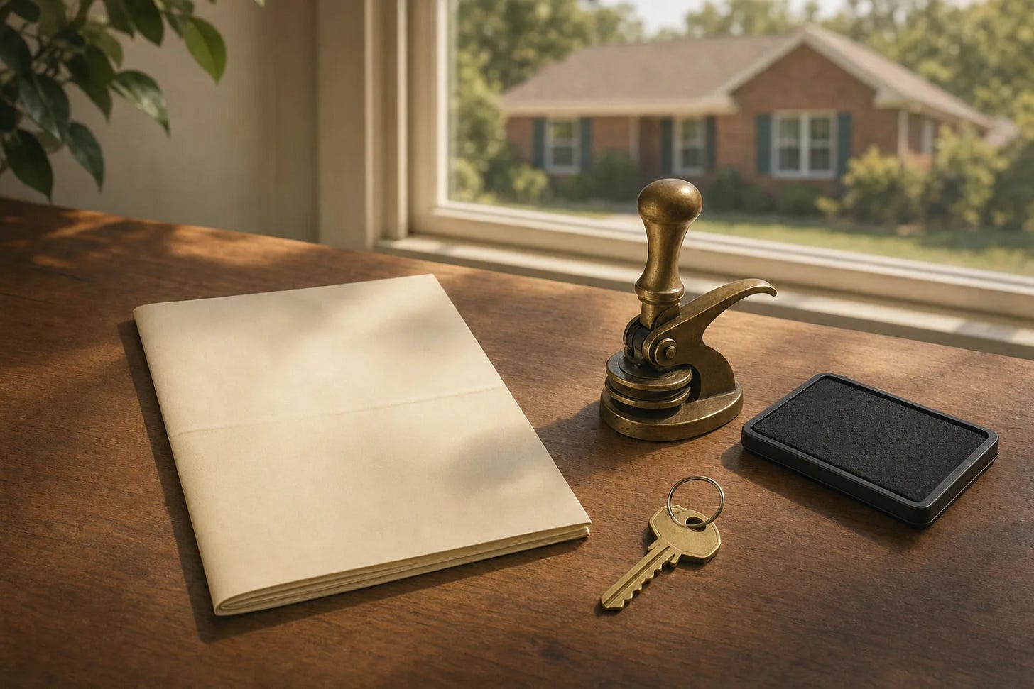 Folded blank legal document, brass notary embosser, ink pad and a house key on a desk, with a brick house visible through the window Folded blank legal document, brass notary embosser, ink pad and a house key on a desk, with a brick house visible through the window