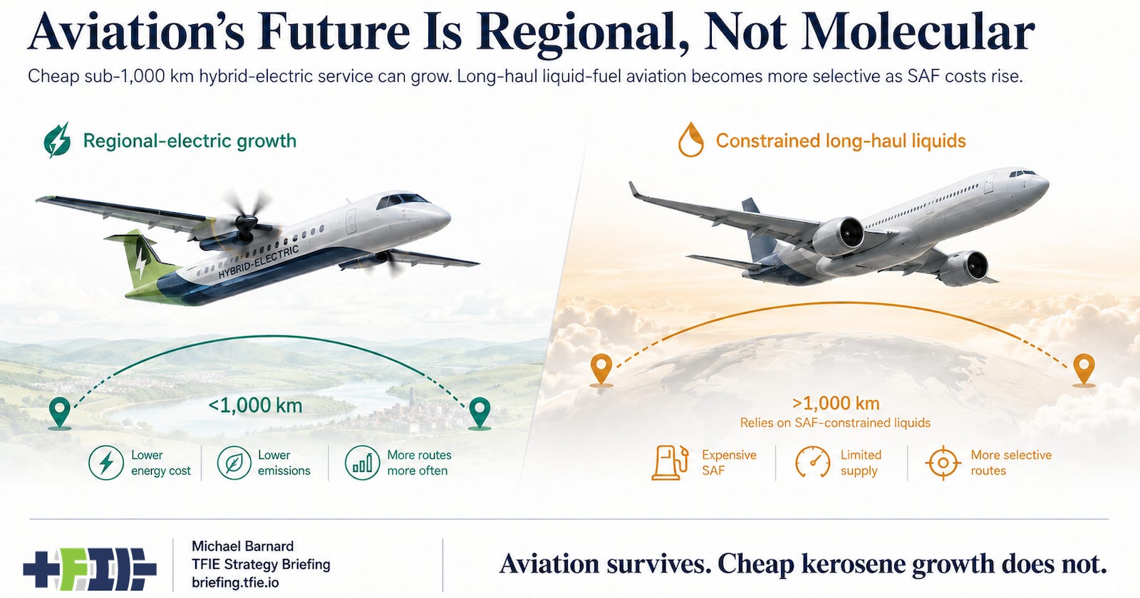 Aviation pathway graphic showing sub-1,000 km regional-electric growth and constrained liquid-fuel jet demand above 1,000 km. Aviation pathway graphic showing sub-1,000 km regional-electric growth and constrained liquid-fuel jet demand above 1,000 km.