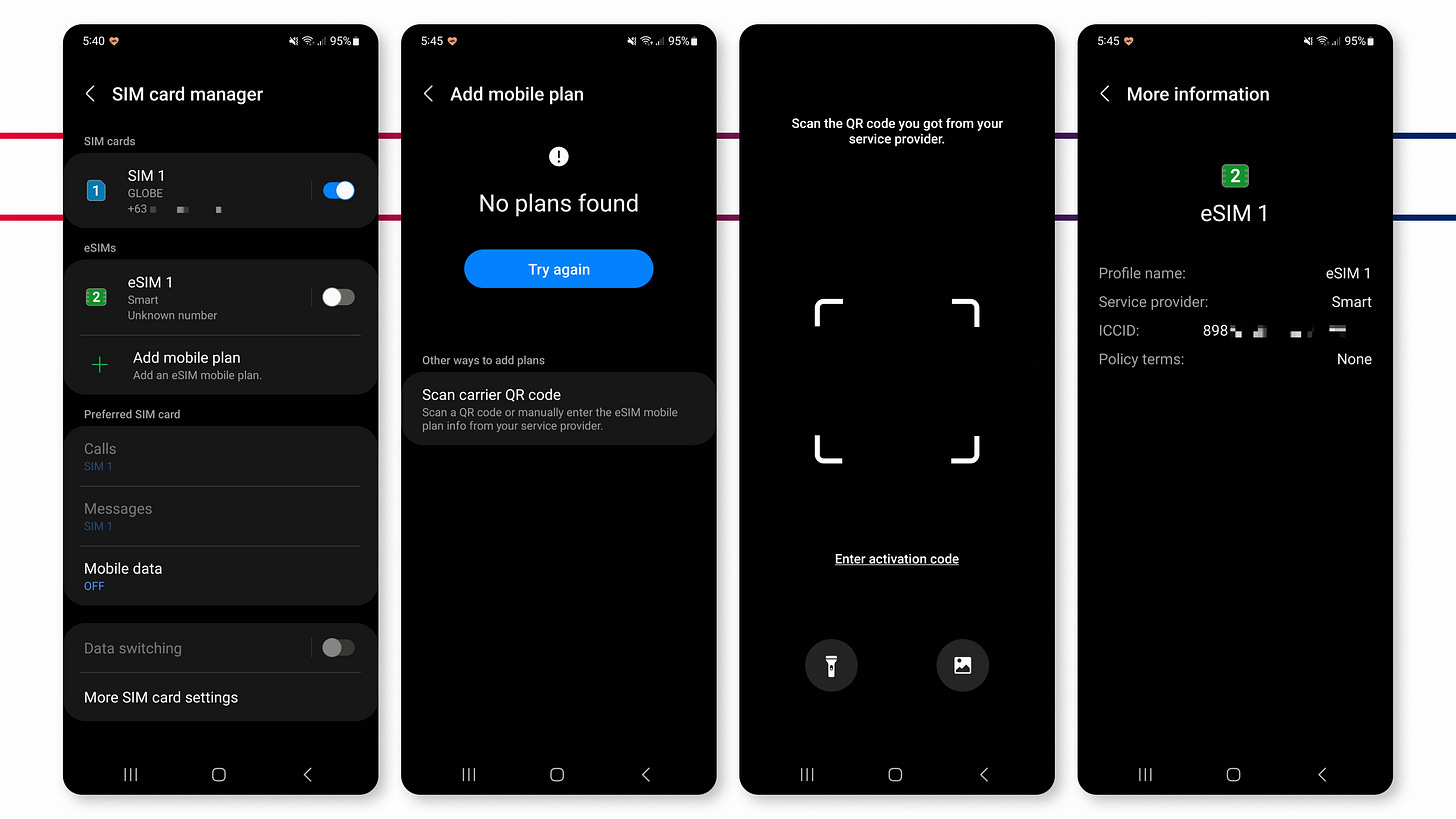 Four screenshots of the process on installing an eSIM on a Samsung phone running OneUI 4.1.1 on Android 12. Outer Left: SIM card manager, Inner Left: Adding an eSIM plan, Inner Right: eSIM QR code scanner, Outer Right: eSIM information