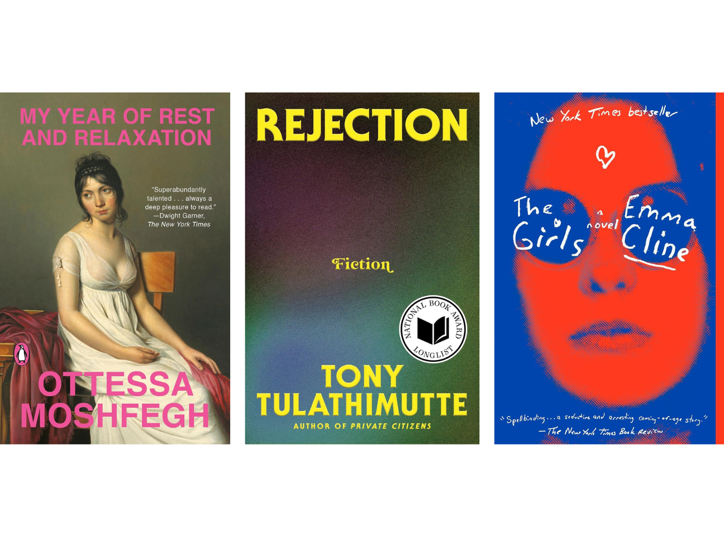 The covers of three popular literary novels (by Ottessa Moshfegh, Tony Tulathimutte, and Emma Cline) whose authors have MFAs.