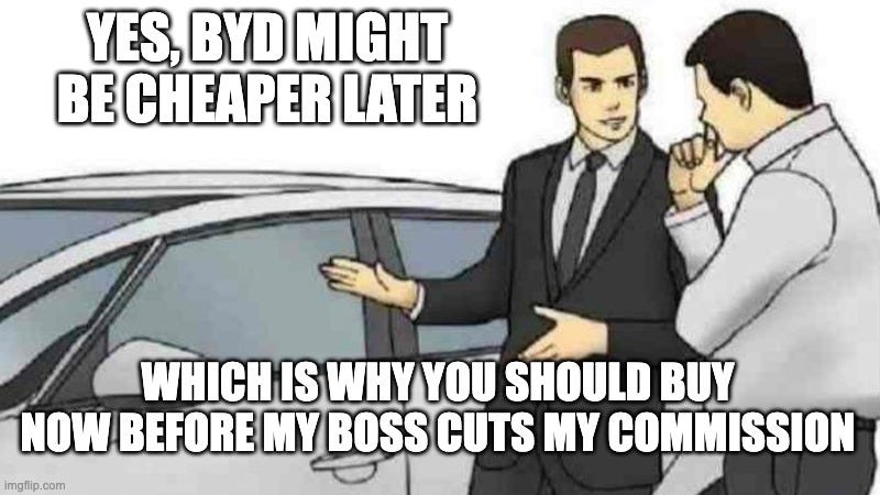 Car salesman meme used in a General Motors (GM) deep dive stock analysis for the Beating the Tide best stock pick newsletter. A GM salesman pitches the Equinox EV against Chinese EV competition like BYD. Top caption reads ‘YES, BYD MIGHT BE CHEAPER LATER’; bottom caption reads ‘WHICH IS WHY YOU SHOULD BUY NOW BEFORE MY BOSS CUTS MY COMMISSION.’ Car salesman meme used in a General Motors (GM) deep dive stock analysis for the Beating the Tide best stock pick newsletter. A GM salesman pitches the Equinox EV against Chinese EV competition like BYD. Top caption reads ‘YES, BYD MIGHT BE CHEAPER LATER’; bottom caption reads ‘WHICH IS WHY YOU SHOULD BUY NOW BEFORE MY BOSS CUTS MY COMMISSION.’