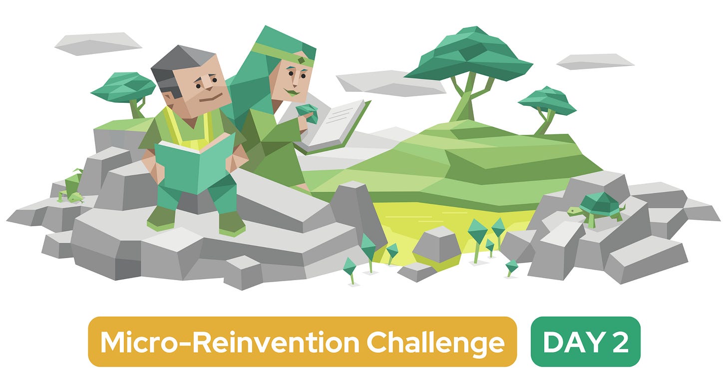 A female INFJ (Advocate) and a male Diplomat personality sit on the rocks together reading books. Text at the bottom reads: Micro-Reinvention Challenge: Day 2