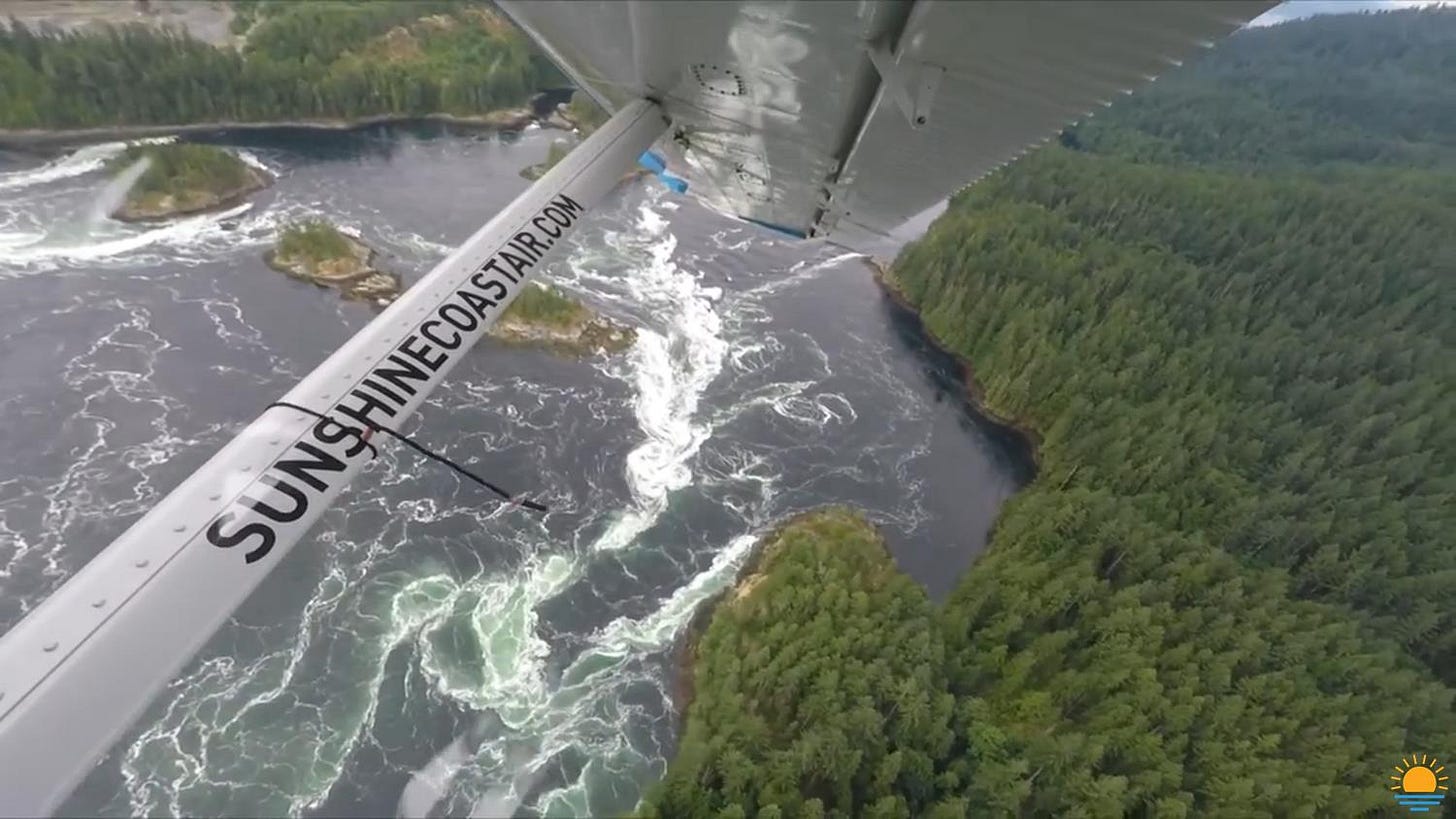 Our view from the seaplane as we flew over Skookumchuck Narrows on BC’s Sunshine Coast.