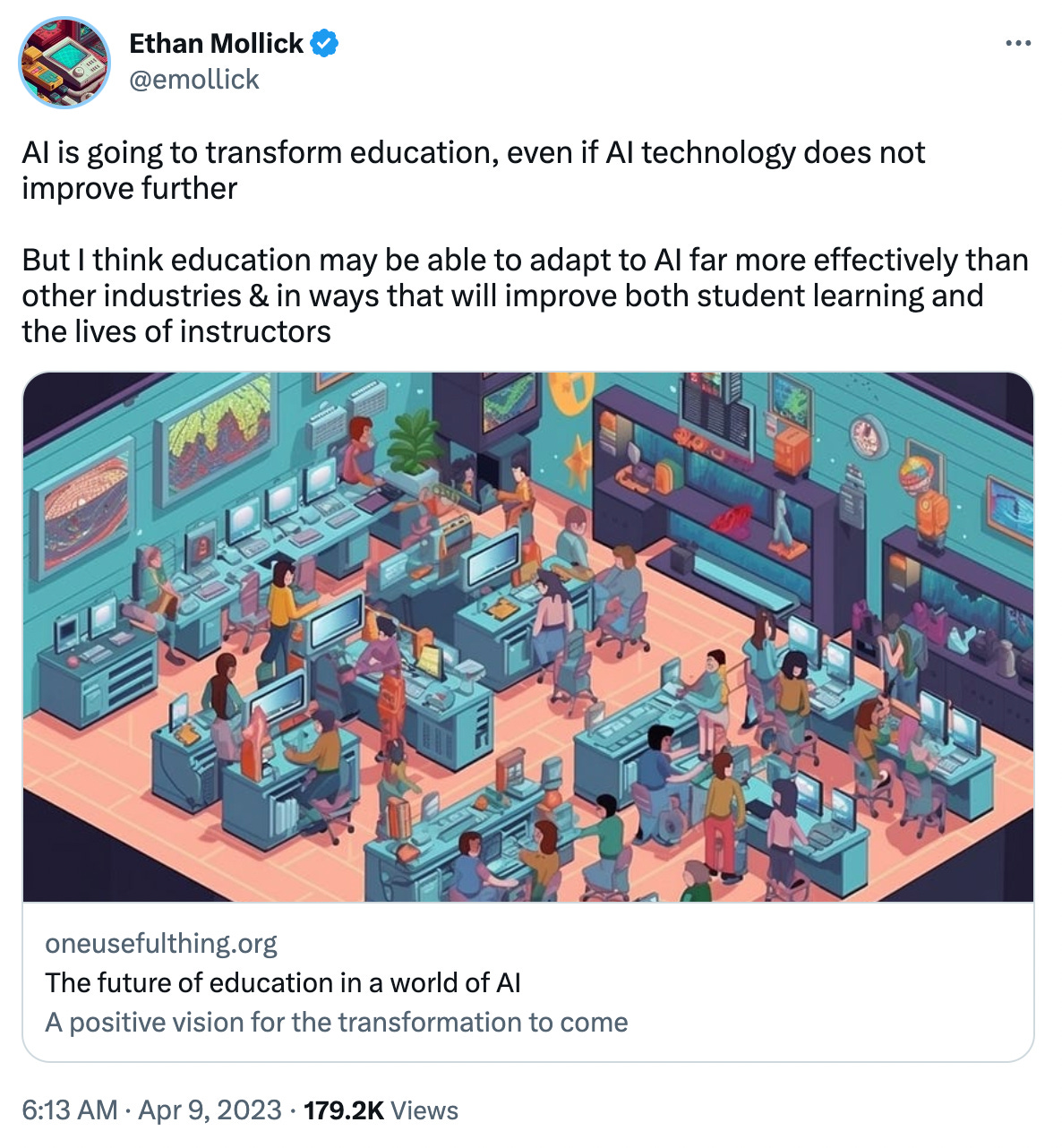 AI is going to transform education, even if AI technology does not improve further  But I think education may be able to adapt to AI far more effectively than other industries & in ways that will improve both student learning and the lives of instructors oneusefulthing.org The future of education in a world of AI A positive vision for the transformation to come