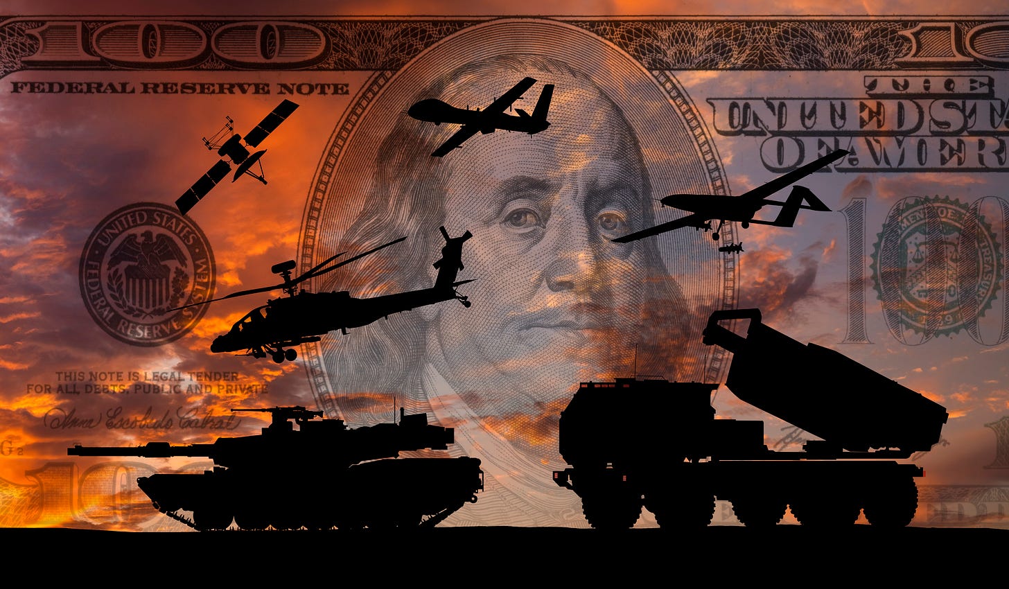 Military vehicles on a $100 bill backdrop Military vehicles on a $100 bill backdrop