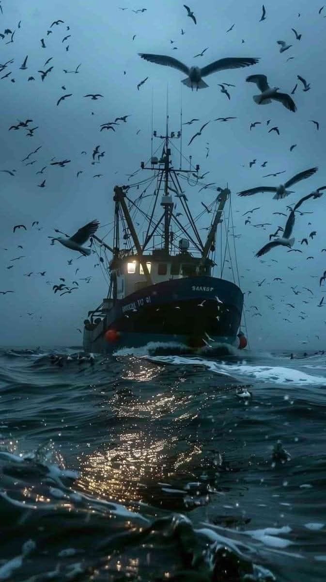 This may contain: a boat in the ocean with seagulls flying around it and lights on its side This may contain: a boat in the ocean with seagulls flying around it and lights on its side