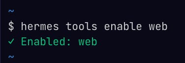 Hermes agent terminal showing hermes tools enable web command with web toolset enabled for free agent web search.