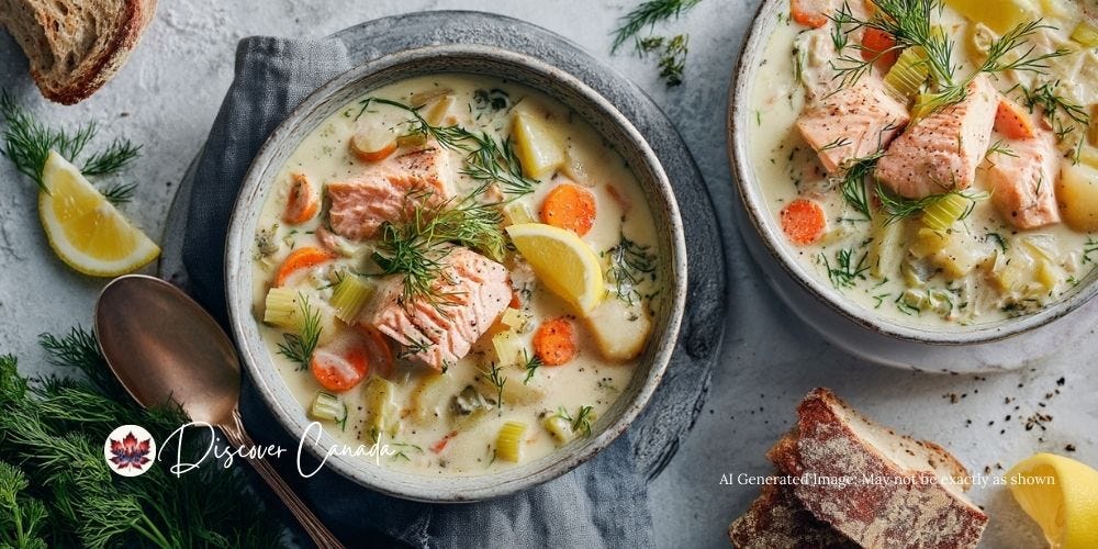 West Coast salmon chowder with potatoes, leeks, dill, and lemon served with sourdough bread.