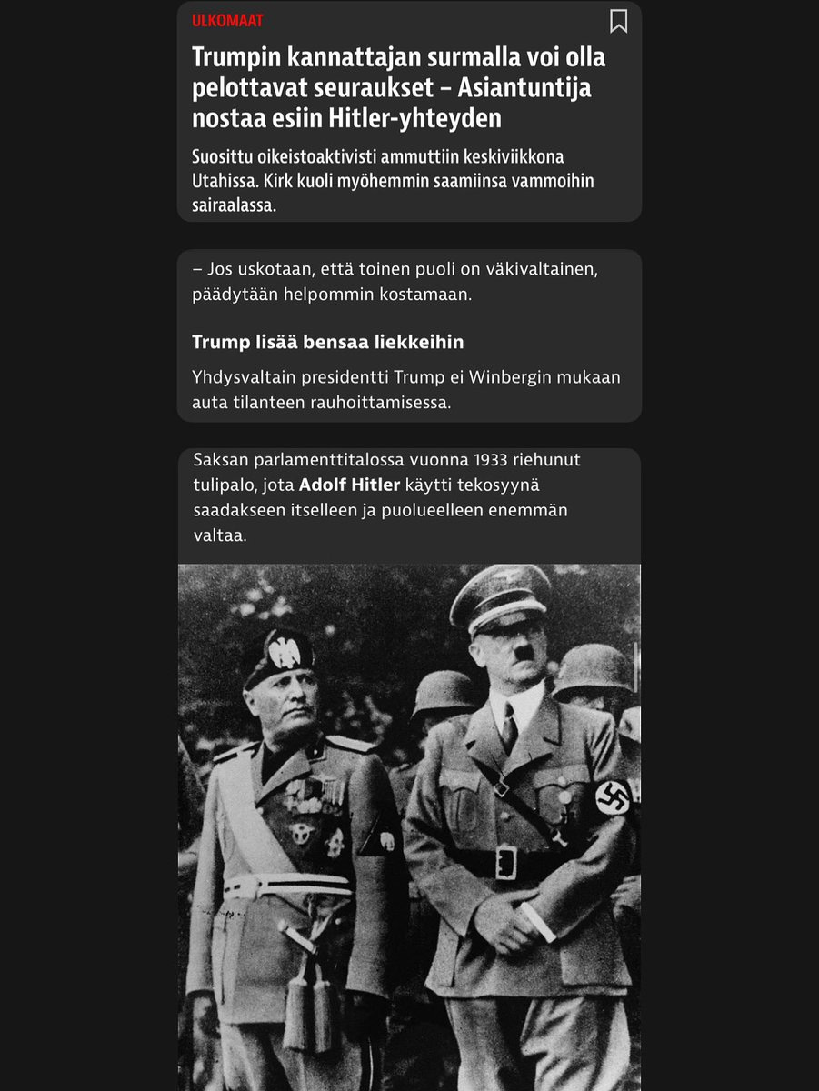 A black-and-white photograph of Adolf Hitler and another man in military uniforms, standing side by side. Adolf Hitler is wearing a Nazi uniform with a swastika armband, and the other man is in a different military uniform with medals. Text overlays include headlines in Finnish about Donald Trump and Adolf Hitler.