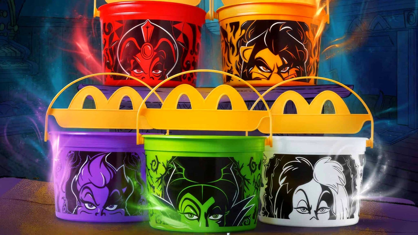 McDonald's Disney Villains Boo Buckets featuring Jafar, Scar, Ursula, Maleficent and Cruella de Vil. Image: McDonald's
