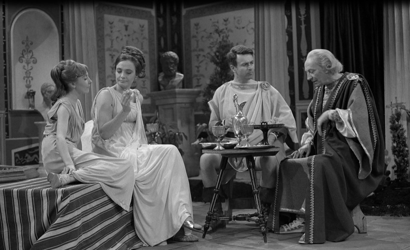 The four Doctor Who regulars in The Romans (1965), in another publicity shot from episode one as there aren't any for episode four.