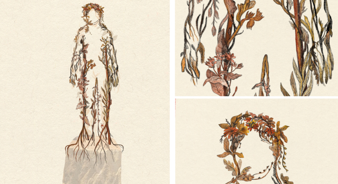 Three pictures of a sketch of a statue with flowers and leaves on it