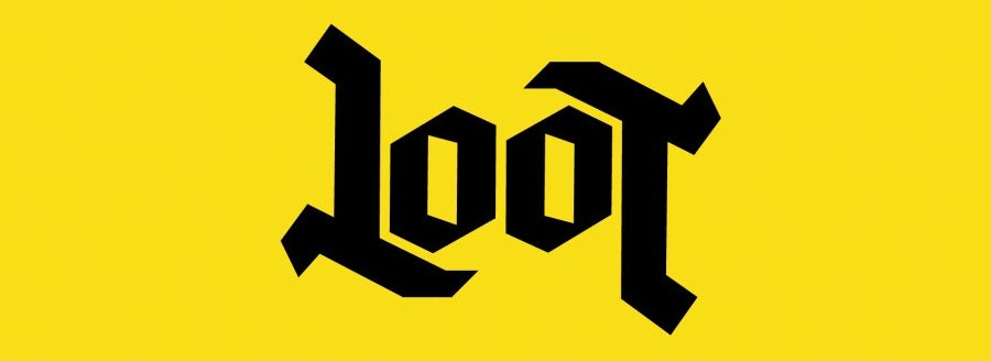 The LOOT logo, which is black text on a bright yellow background. It looks the same when viewed upside-down. The LOOT logo, which is black text on a bright yellow background. It looks the same when viewed upside-down.
