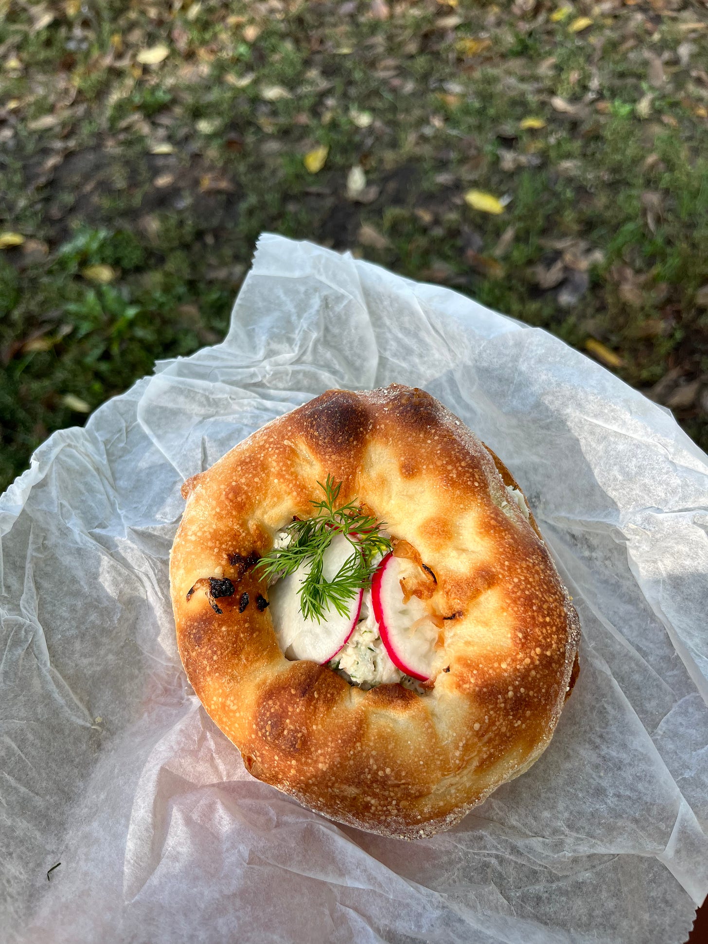 an overhead shot of a bialy with whitefish salad, radish, and dill on parchment paper an overhead shot of a bialy with whitefish salad, radish, and dill on parchment paper