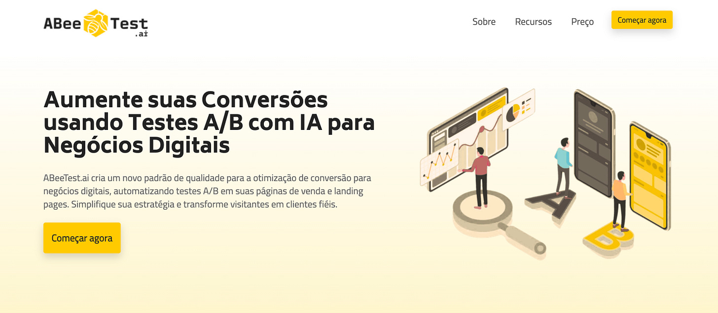 Proposta de valor na primeira dobra da landing page do AbeeTest.ai Proposta de valor na primeira dobra da landing page do AbeeTest.ai
