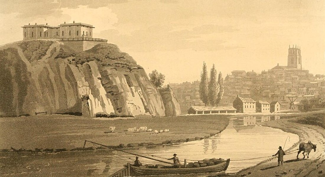 A sepia picture of Nottingham castle on top of a hill with a river around it A sepia picture of Nottingham castle on top of a hill with a river around it