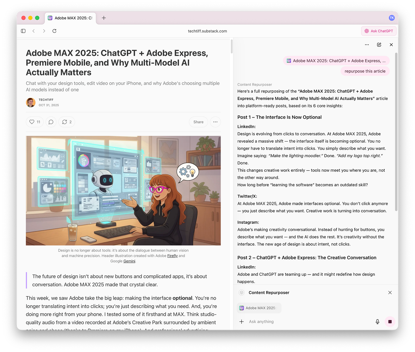 Your Custom GPTs are accessible from any page in Atlas. No more switching tabs or copying content - just select your specialist and it starts working on what you're already viewing