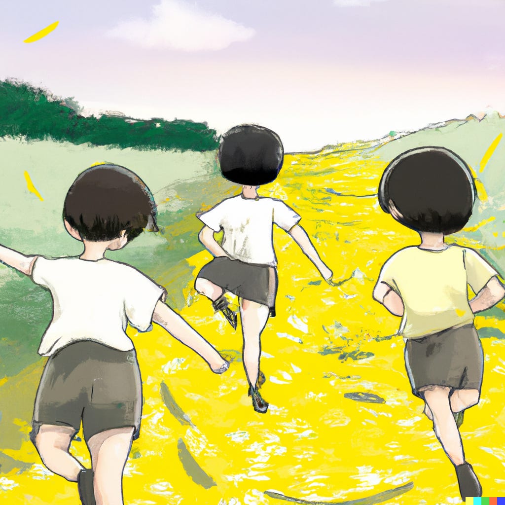 three asian children walking through a field of small yellow flowers, manga cartoon