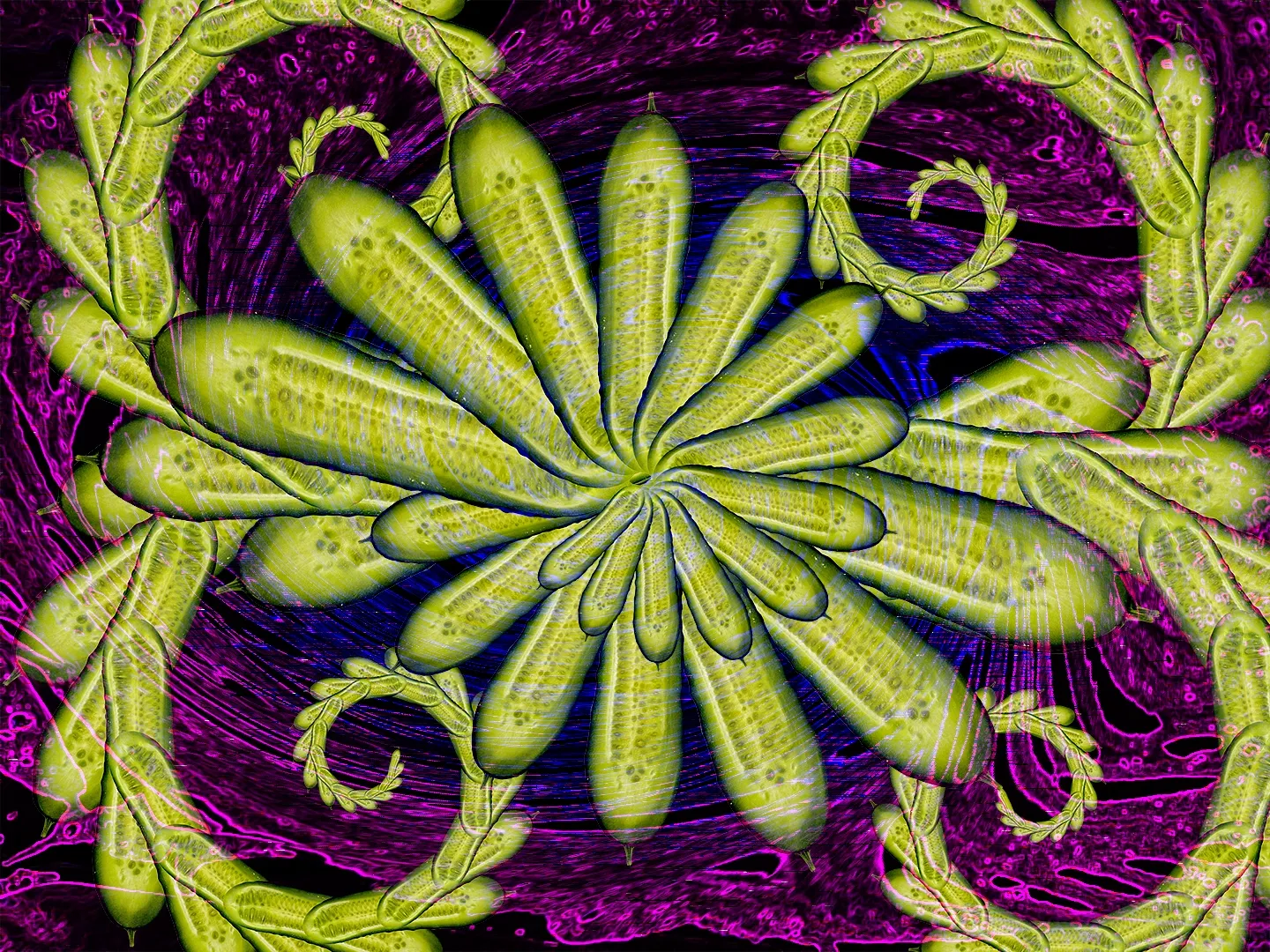 Abastract digital art featuring spirals of pickles