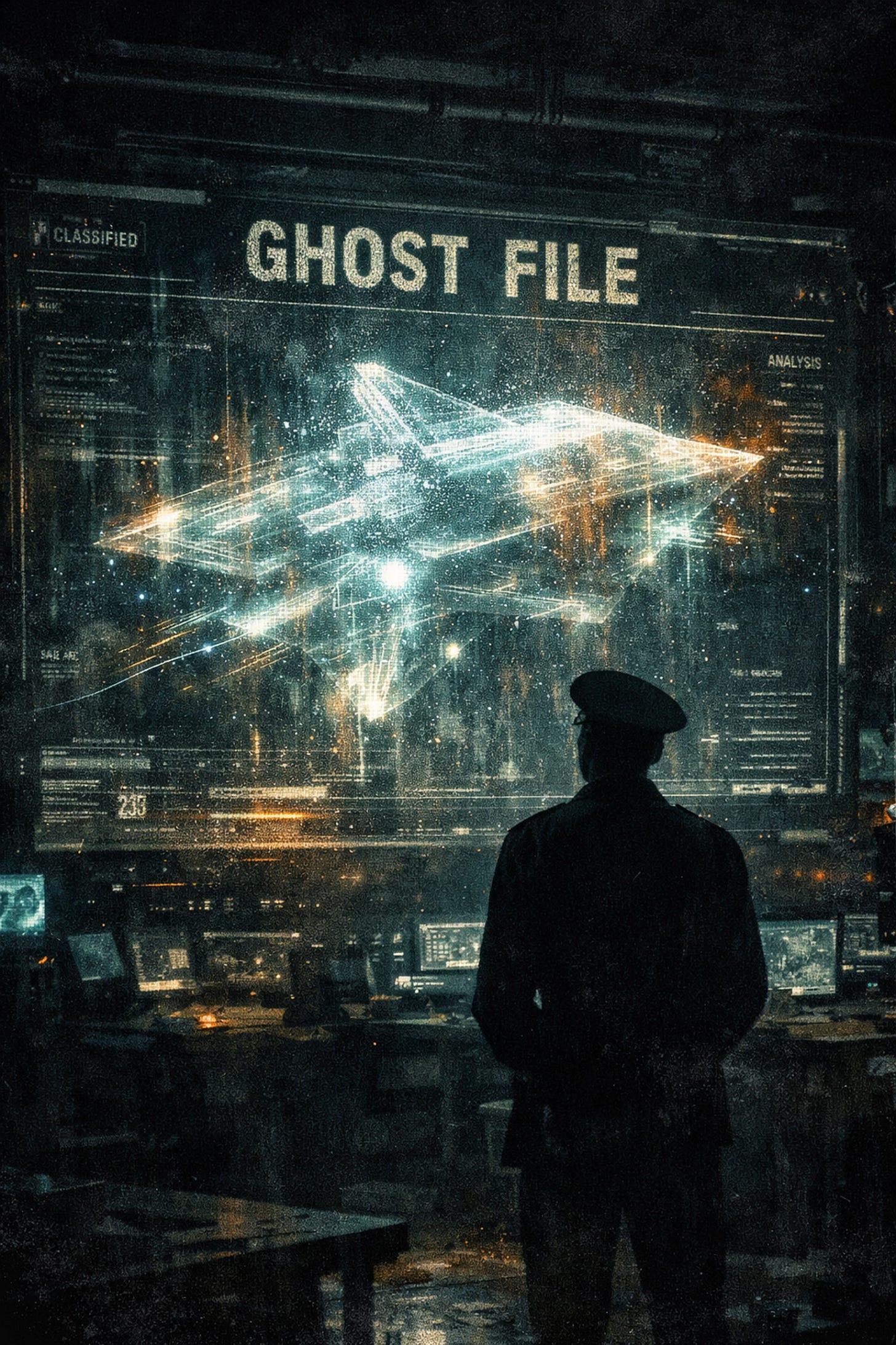 Military official viewing a Ghost File holographic UAP craft display during the government disclosure push.