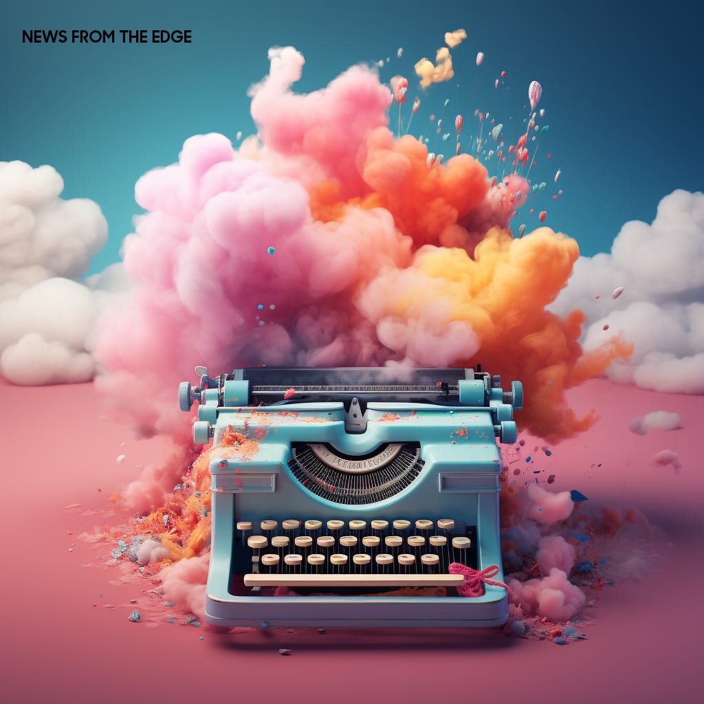 A typewriter covered in rainbow clouds