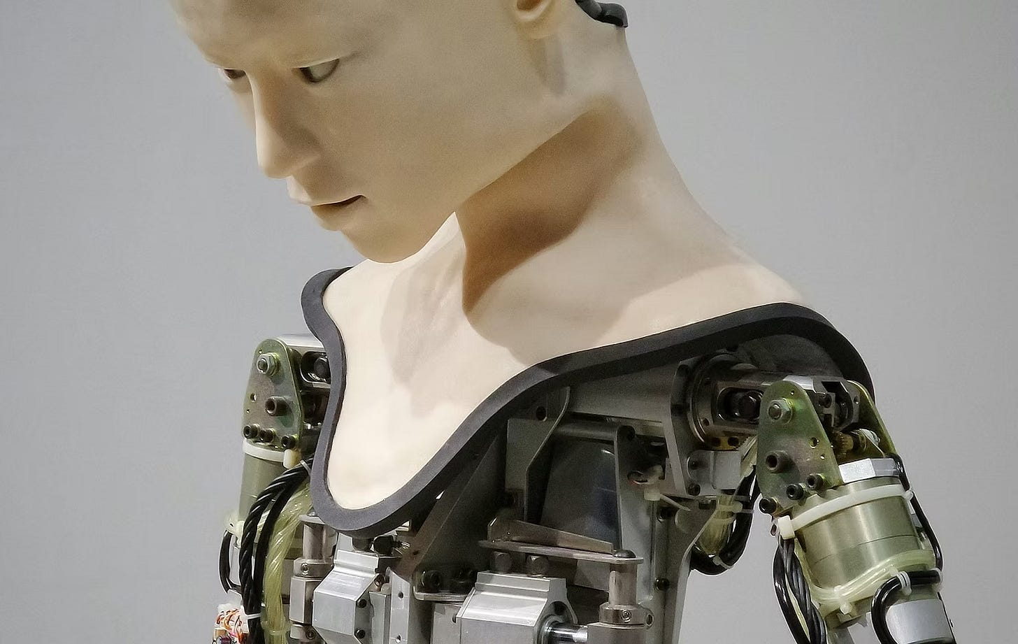 A humanoid robot torso with exposed mechanical components and a human-like head. A humanoid robot torso with exposed mechanical components and a human-like head.