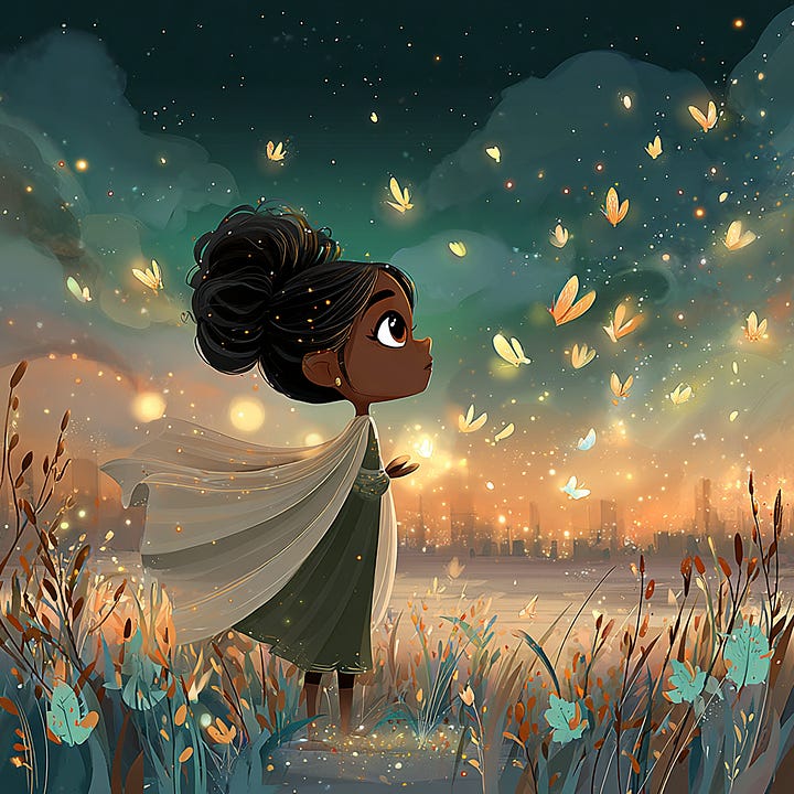 A woman at different stages of life in an open field surrounded by butterflies symbolising growth, creativity and peace