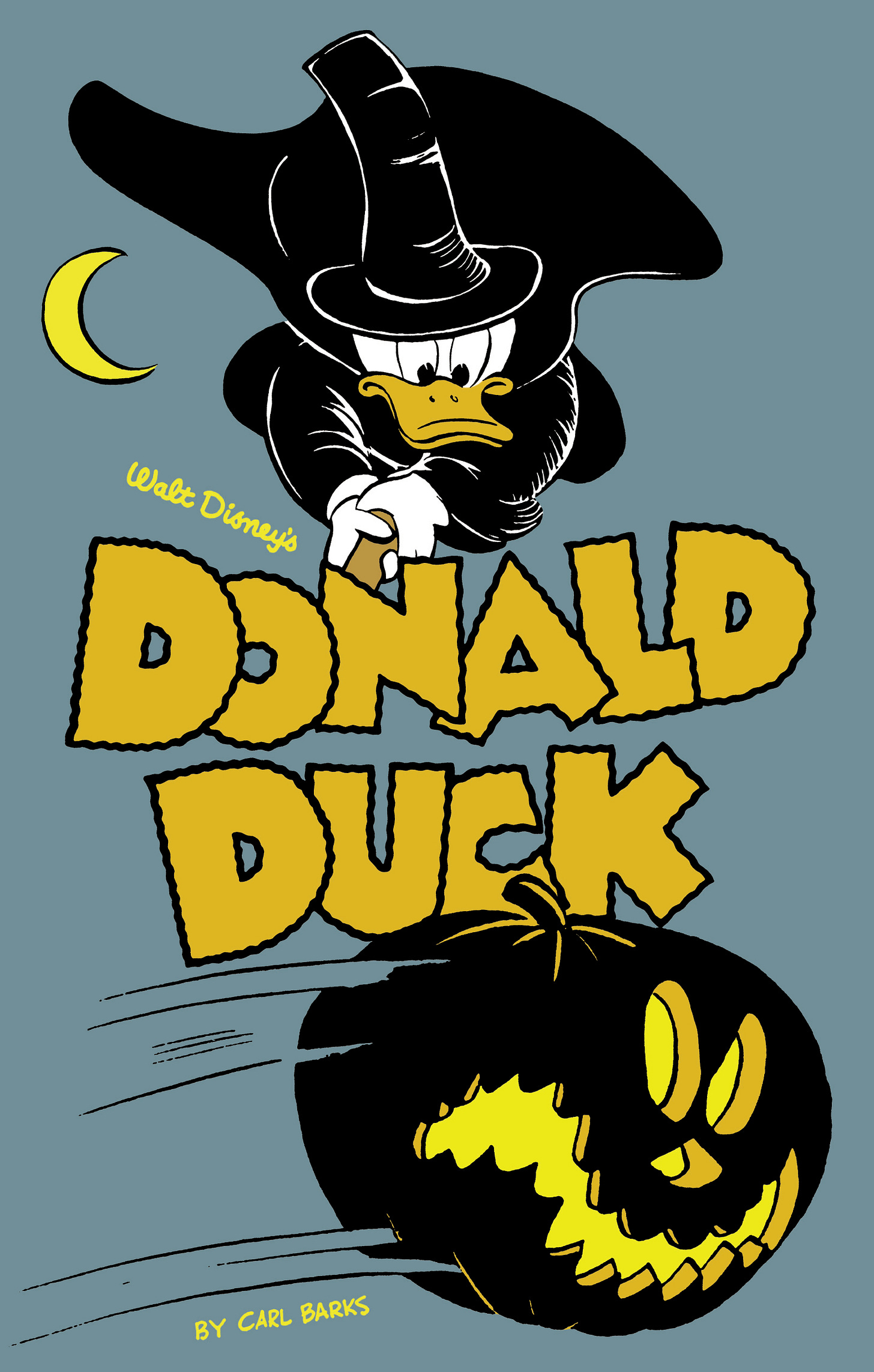 Donald Duck rides a broom in a witch costume