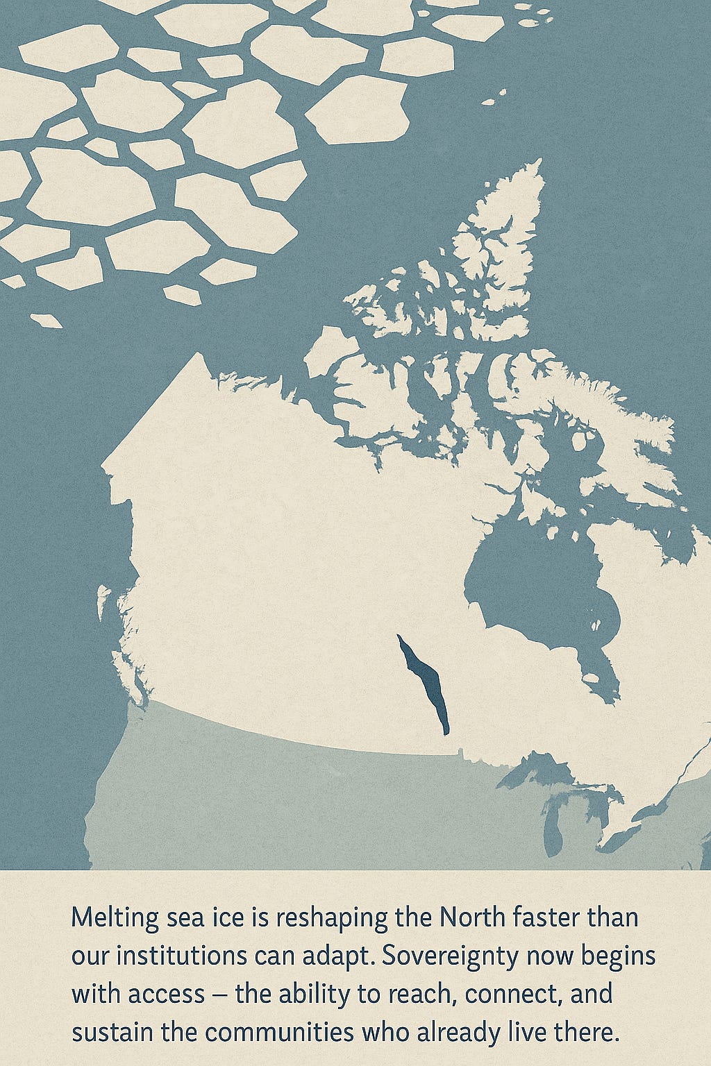 “Minimalist illustration of Canada’s Arctic coastline with fractured sea ice and a narrow shipping channel opening through the ice. Muted blues and whites evoke climate change and northern fragility.”